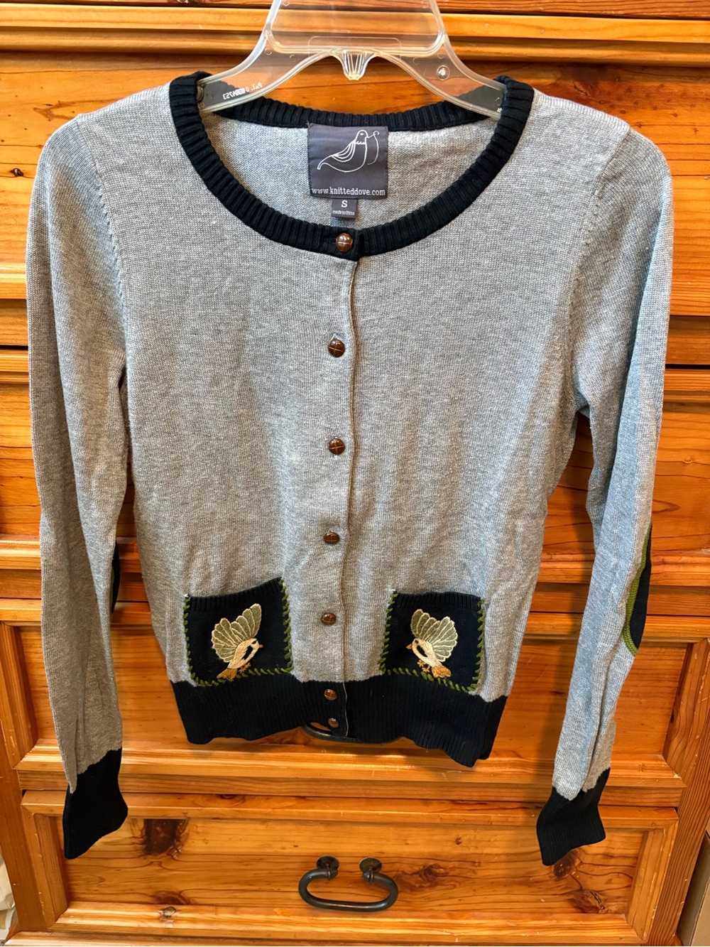 KnittedDove Gray Crewneck Button Up Cardigan with Black Trim - Size S